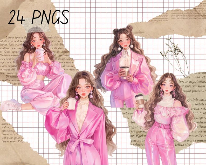 Op de afbeelding: Digitale illustratie met vier vrouwen in roze outfits, elk met een koffiekopje. De afbeelding bevat de tekst "24 PNGS" in de linkerbovenhoek. De achtergrond heeft een rasterpatroon en gescheurd papier.