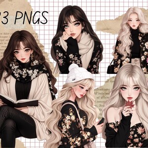 May include: Four digital illustrations of women with long hair, wearing different outfits and accessories. The women are depicted in various poses, including reading a book, holding a leaf, and looking at a phone. The illustrations are set against a background of torn paper and a grid pattern.