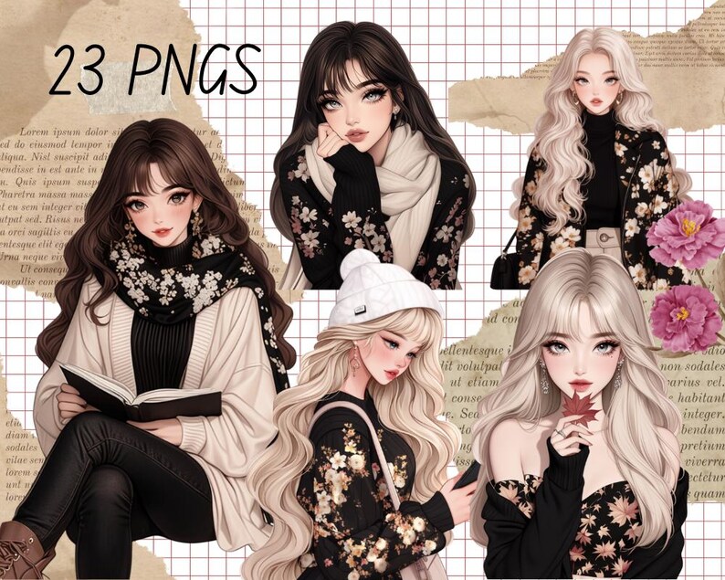 May include: Four digital illustrations of women with long hair, wearing different outfits and accessories. The women are depicted in various poses, including reading a book, holding a leaf, and looking at a phone. The illustrations are set against a background of torn paper and a grid pattern.