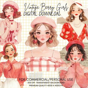 Vintage Cottagecore Berry girl Clipart Bundle-Fashion Girl, Adesivi digitali, Diario estetico estivo, PNG accogliente, Uso commerciale, Scrapbooking