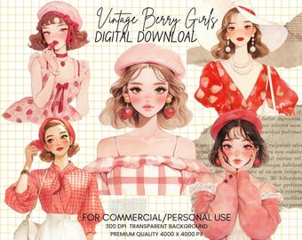 Vintage Berry Girl-clipartbundel, Cottagecore Fashion (digitale download)