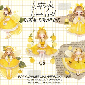 Paquete Png de chicas de limón de acuarela - Cliparts de chicas de verano, png generado por Ai, imágenes prediseñadas, diario, scrapbooking, planificador digital, uso comercial