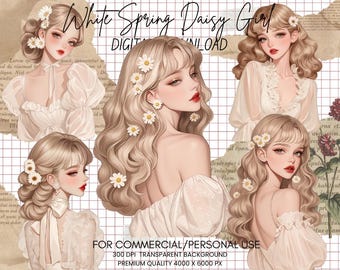 Daisy Girls Clipart Bundle: Spring Floral Graphics, Transparent PNG (Digital Download