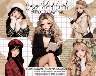Soft Girl Clipart Bundle: Cozy Plaid Autumn PNG Images (Digital Download