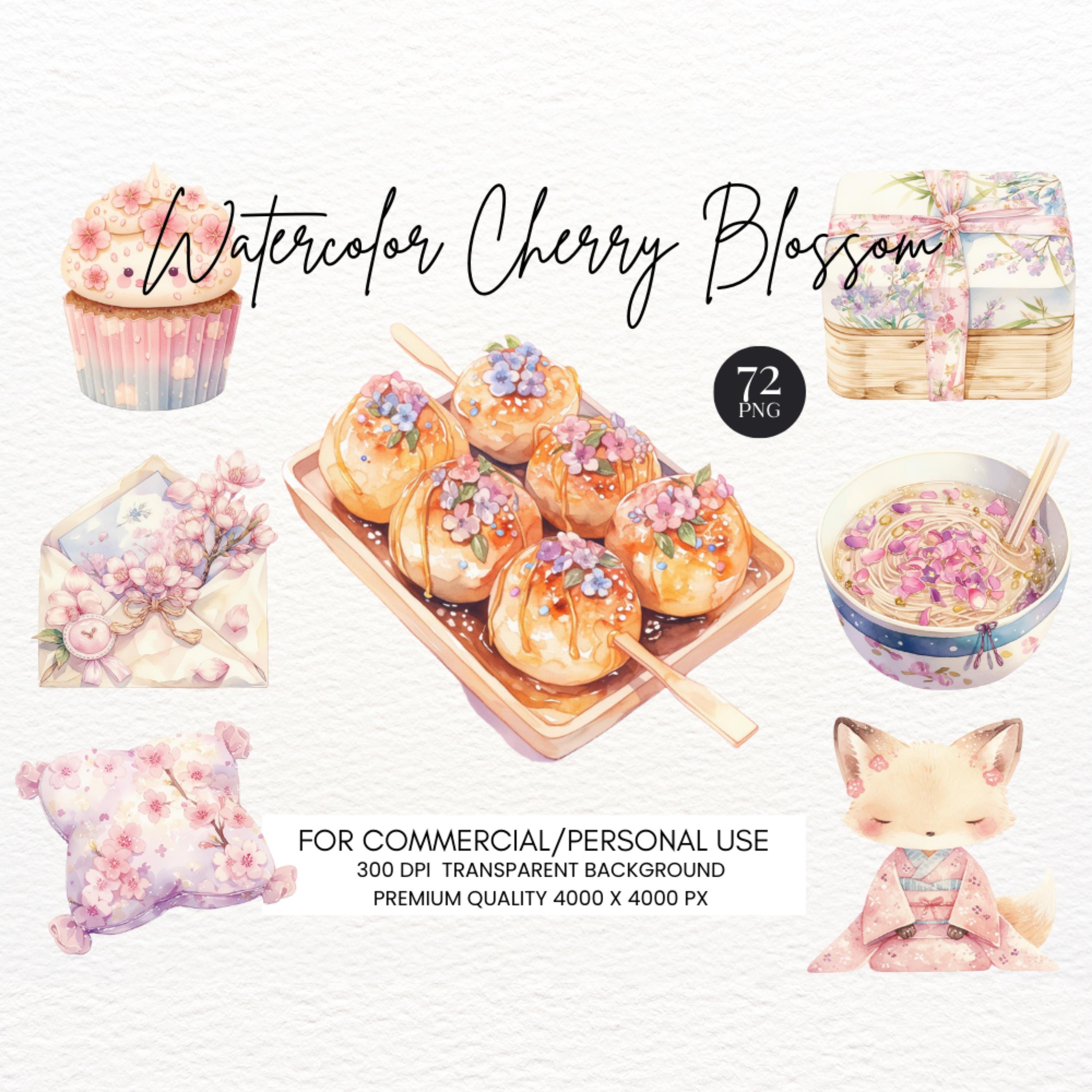 Watercolor Japanese Clipart Bundle: Kimono, Cherry Blossom (digital ...