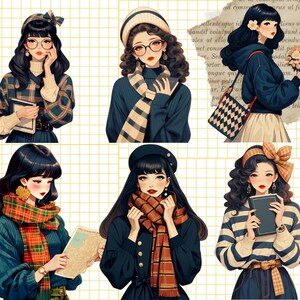 Pu&ograve; includere: Sei illustrazioni di donne con diversi stili di capelli e abiti. Ogni donna indossa una sciarpa e tiene un libro o una borsa. Le illustrazioni sono in stile cartone animato e hanno una tavolozza di colori tenui.