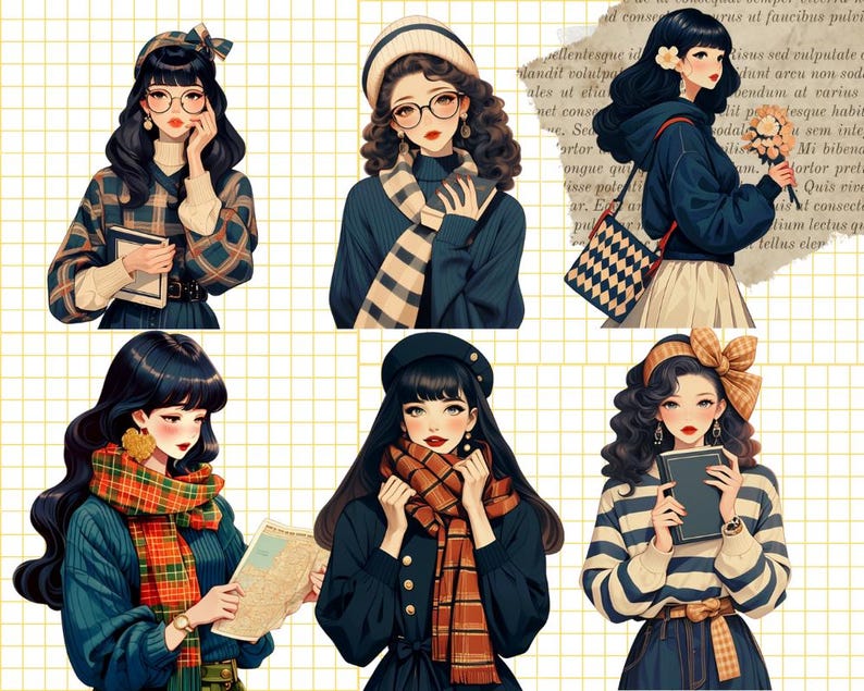 Pu&ograve; includere: Sei illustrazioni di donne con diversi stili di capelli e abiti. Ogni donna indossa una sciarpa e tiene un libro o una borsa. Le illustrazioni sono in stile cartone animato e hanno una tavolozza di colori tenui.
