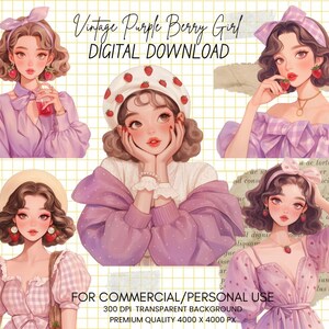 Vintage Lila Cottagecore Mädchen Clipart Bundle - Fashion Girl, digitale Aufkleber, ästhetisches Journaling, kommerzielle Nutzung