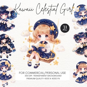 Pode incluir: Uma coleção de ilustrações em aquarela com meninas fofas em estilo anime com temas celestiais. As meninas são retratadas em várias poses, usando vestidos azul marinho adornados com estrelas e luas. O texto "Kawaii Celestial Girl" está escrito no topo.
