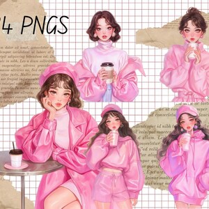 Op de afbeelding: Digitale illustraties van vrouwen in roze outfits, die koffiebekers vasthouden. De afbeelding bevat de tekst "24 PNGS". De achtergrond heeft een rasterpatroon en gescheurde papieren elementen.