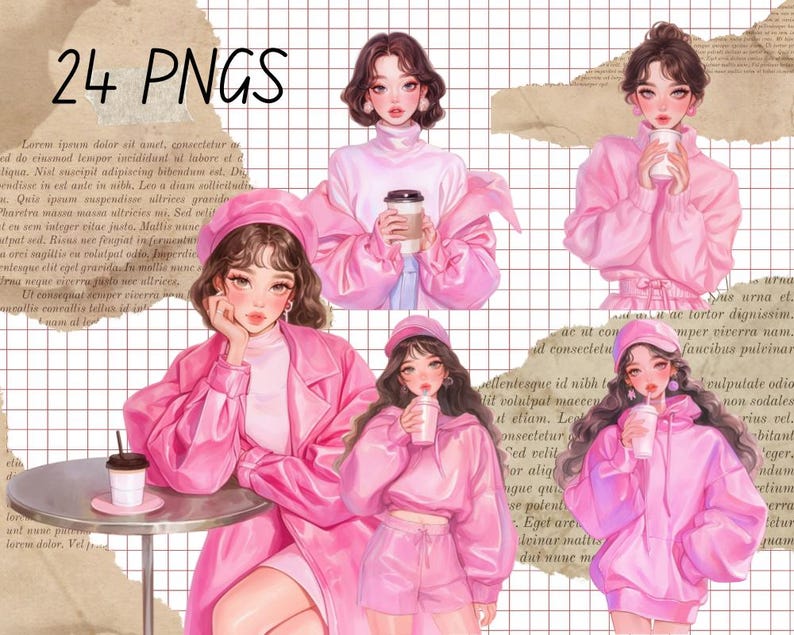 Op de afbeelding: Digitale illustraties van vrouwen in roze outfits, die koffiebekers vasthouden. De afbeelding bevat de tekst "24 PNGS". De achtergrond heeft een rasterpatroon en gescheurde papieren elementen.