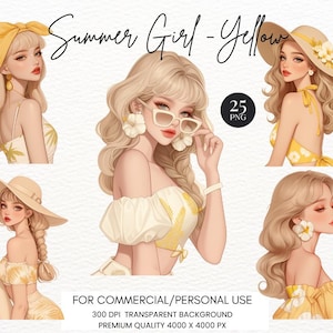 Pacchetto Clipart Ragazze Estive - Tema Giallo, Diario Femminile per Ragazze Estive, Scrapbooking, Clipart Estetiche Civettuole, Trasparente di Alta Qualità