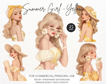 Paquete de imágenes prediseñadas de chica de verano amarilla: Scrapbooking femenino (PNG, descarga digital)