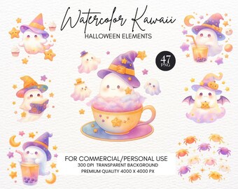 Kawaii Halloween Ghost Clipart Bundle – Witch, Pumpkin, Bat (Commercial Use PNGs)