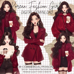 水彩画の韓国ファッション愛好家のクリップアートバンドル、韓国の女の子、Kポップファッション、ファッションガール、アジア人女性のクリップアート、スクラップブッキング、商用利用