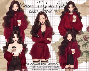 Watercolor Korean Fashion Clipart Bundle: Kpop Girl, Asian Art (Commercial Use)