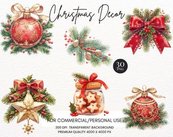 Paquete de imágenes prediseñadas de decoración navideña en acuarela (PNG)