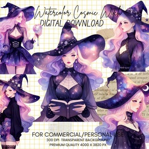 Watercolor Cosmic Witch Clipart Bundle: Celestial Magic PNG Images (Commercial Use