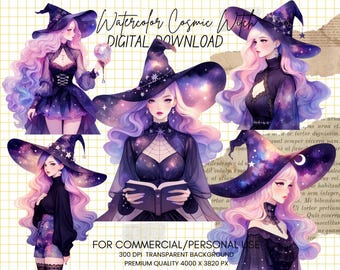 Watercolor Cosmic Witch Clipart Bundle: Celestial Magic PNG Images (Commercial Use