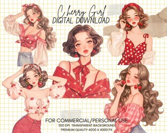 Coquette Cherry Girl Clipart Bundle: PNGs for DIY Crafts, Scrapbooking