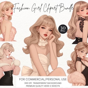 Puede incluir: Un paquete de arte digital con seis ilustraciones de chicas de moda con cabello rubio largo y ondulado, que visten elegantes vestidos y accesorios. El texto "Fashion Girl Clipart Bundle" está en la parte superior. La imagen incluye el texto "30 PNG" y "FOR COMMERCIAL/PERSONAL USE".