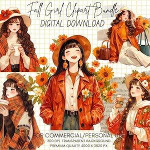 Pacote de clipart de garota de outono, PNG de garota de outono, clipart de moda de outono para diário de lixo, moda de garota de outono, criação de cartões, scrapbooking, uso comercial