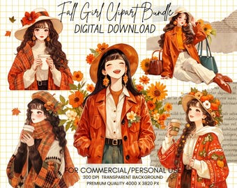Fall Girl Clipart Bundle: Autumn Fashion PNG Images (Commercial Use, Digital Download)
