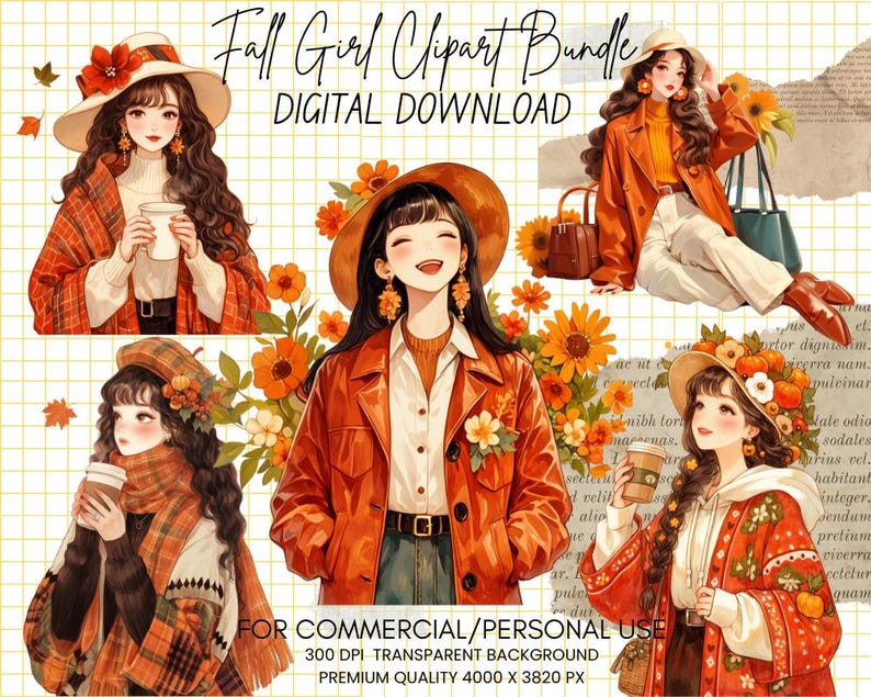 Fall Girl Clipart Bundle, Autumn Girl PNG,Fall Fashion Clipart for Junk Journal,Fall Girl Fashion, Card Making, Scrapbooking, Commercial Use