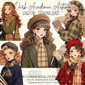 Bundle de cliparts automne académique sombre - fille automne PNG, Clipart mode fille automne pour Junk Journal, fabrication de cartes, scrapbooking, usage Commercial