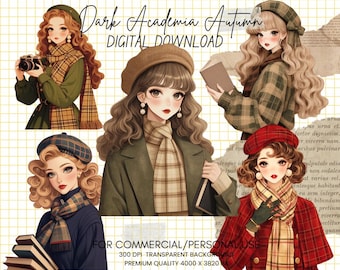 Dark Academia Autumn Clipart Bundle: Fall Fashion Girl PNG (Commercial Use