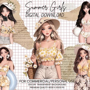 Sommer Mädchen Clipart Bundle, Strand Clipart für digitale Aufkleber, Frühling Clipart PNG, Mädchen im Badeanzug, Journal Scrapbooking Kommerzielle Nutzung