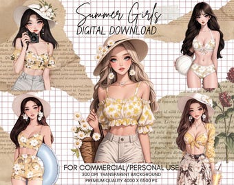 Paquete de imágenes prediseñadas de chica de verano: Gráficos PNG de playa y primavera (uso comercial, descarga digital)