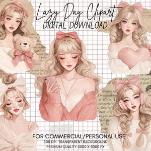 Lazy Day Girl clipartbundel-trui meisje, meisje met strik, luie dag sticker, zelfzorg goodnote stickers transparante png journaling scrapbooking