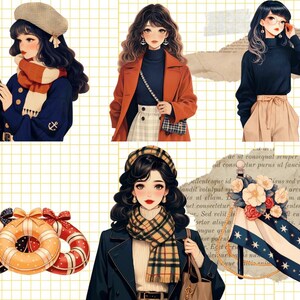 Pu&ograve; includere: Tre illustrazioni di donne con abiti diversi. La prima donna indossa un maglione blu, una sciarpa bianca e un cappello marrone. Sta tenendo un libro. La seconda donna indossa un maglione rosso, un dolcevita nero e una gonna a quadri. Sta tenendo una borsa marrone. La terza donna indossa un maglione nero, una cintura marrone e una gonna marrone. Indossa degli occhiali.