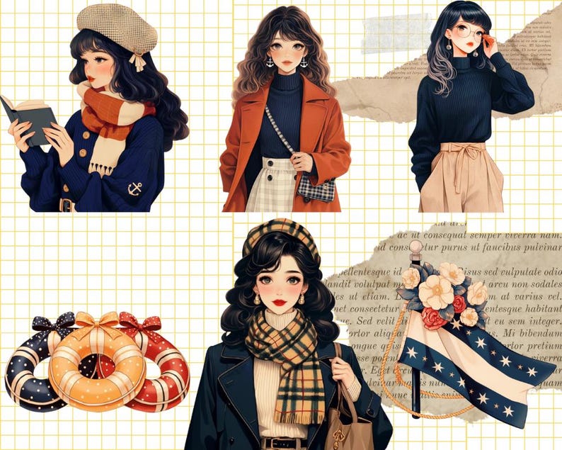 Pu&ograve; includere: Tre illustrazioni di donne con abiti diversi. La prima donna indossa un maglione blu, una sciarpa bianca e un cappello marrone. Sta tenendo un libro. La seconda donna indossa un maglione rosso, un dolcevita nero e una gonna a quadri. Sta tenendo una borsa marrone. La terza donna indossa un maglione nero, una cintura marrone e una gonna marrone. Indossa degli occhiali.