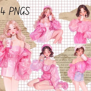 Op de afbeelding: Digitale illustraties van zes vrouwen in roze outfits, elk met een koffiekopje. De afbeelding bevat de tekst "24 PNGS". De achtergrond heeft een rasterpatroon en tekstoverlays.