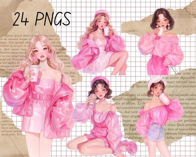 Op de afbeelding: Digitale illustraties van zes vrouwen in roze outfits, elk met een koffiekopje. De afbeelding bevat de tekst "24 PNGS". De achtergrond heeft een rasterpatroon en tekstoverlays.