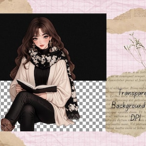 May include: A young woman with long brown hair is wearing a white cardigan with a black and white floral scarf. She is sitting with a book in her lap and looking down at the book. The background is a transparent checkered pattern.