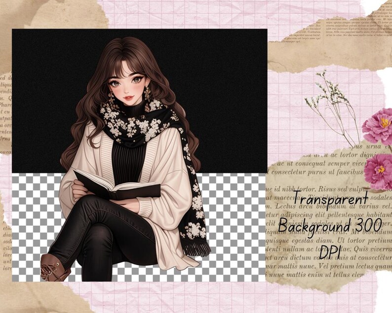 May include: A young woman with long brown hair is wearing a white cardigan with a black and white floral scarf. She is sitting with a book in her lap and looking down at the book. The background is a transparent checkered pattern.