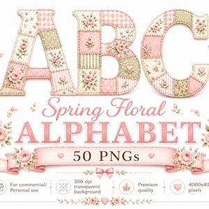 Vårblommigt alfabetspaket – Broderade bokstäver i konstlädd (digital nedladdning)