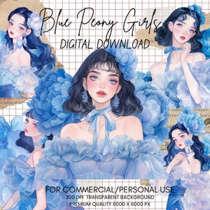 Feminine Blue Peony Girls clipart bundle-Flower Girl Clipart,AI Generated,digital sticker, journaling,Pretty Girl Clipart,Instant download,