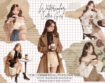 May include: Digital collage featuring four illustrations of women with brown hair, wearing different outfits and holding coffee cups. The background is a grid pattern with torn paper textures and text.