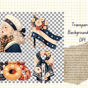 Pu&ograve; includere: Un set di quattro illustrazioni digitali che mostrano una donna con i capelli biondi che indossa un cappello da marinaio e una sciarpa, una bandiera blu e bianca con le stelle, una sciarpa a righe blu e bianca con un motivo floreale e un salvagente rosso, bianco e blu.