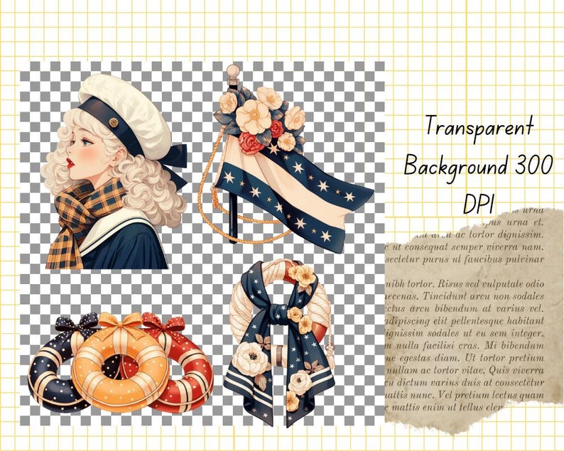 Pu&ograve; includere: Un set di quattro illustrazioni digitali che mostrano una donna con i capelli biondi che indossa un cappello da marinaio e una sciarpa, una bandiera blu e bianca con le stelle, una sciarpa a righe blu e bianca con un motivo floreale e un salvagente rosso, bianco e blu.