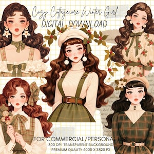Cozy Cottagecore Winter Girl Clipart Bundle-feminine journaling, cozy winter journal png, whimsical sticker,Christmas Clipart,commercial use