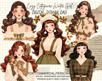 Zestaw clipartów Cottagecore Winter Girl: Przytulny dziennik w formacie PNG (do użytku komercyjnego, do pobrania cyfrowego)