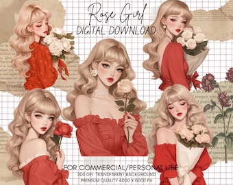 Rose Girl Clipart Bundle: Watercolor Flower PNGs for Scrapbooking (Digital Download