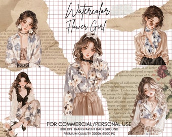 Watercolor Daisy Girl PNG Bundle: AI Generated Floral Clipart (Commercial Use) (Digital Download