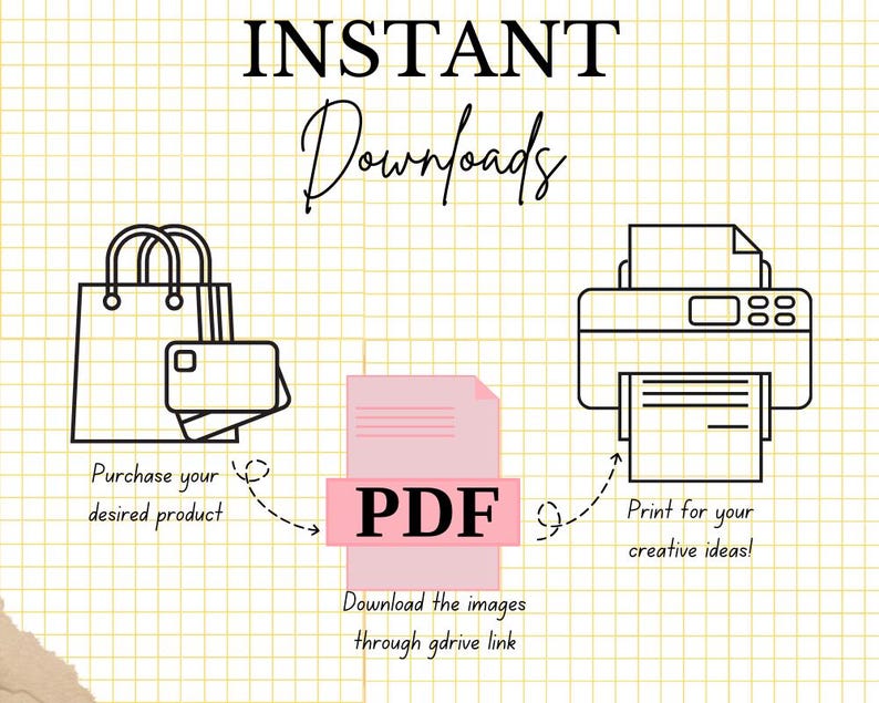 Pu&ograve; includere: Un'illustrazione grafica che mostra i passaggi per scaricare e stampare un prodotto digitale. L'illustrazione mostra una borsa della spesa, un file PDF e una stampante. Il testo "INSTANT Downloads" &egrave; in alto nell'immagine. Il testo "Purchase your desired product" &egrave; sotto la borsa della spesa. Il testo "Download the images through gdrive link" &egrave; sotto il file PDF. Il testo "Print for your creative ideas!" &egrave; sotto la stampante.