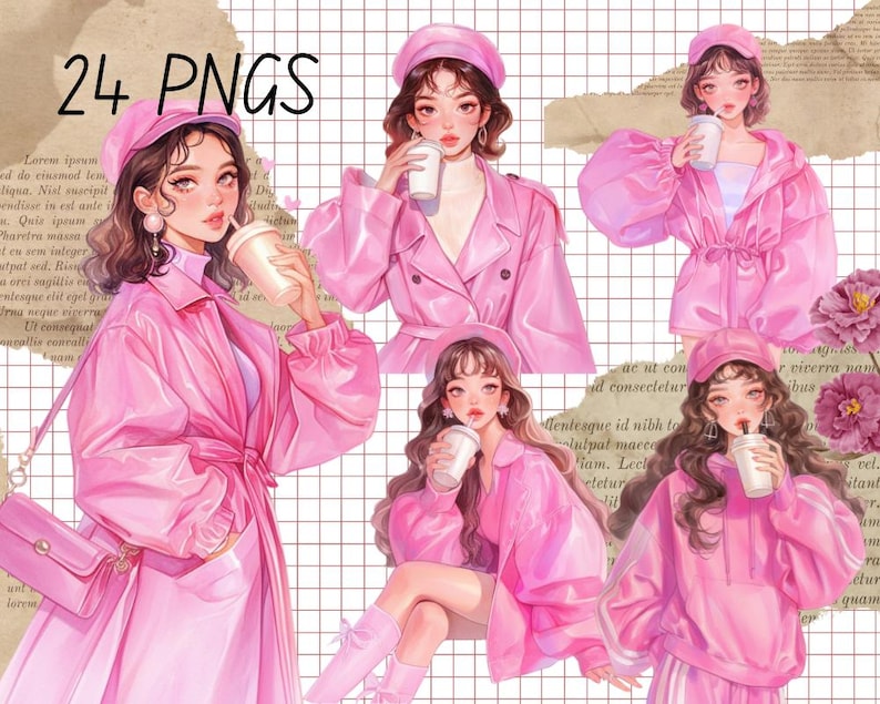 Op de afbeelding: Digitale illustratie met meerdere afbeeldingen van een vrouw in roze outfits, die een koffiekopje vasthoudt. De afbeeldingen bevatten een roze jas, baret en handtas. De tekst "24 PNGS" staat linksboven.